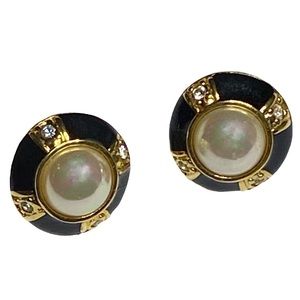 Vintage Signed Roman Pierced Earrings Faux Pearl Black Enamel Clear Rhinestone